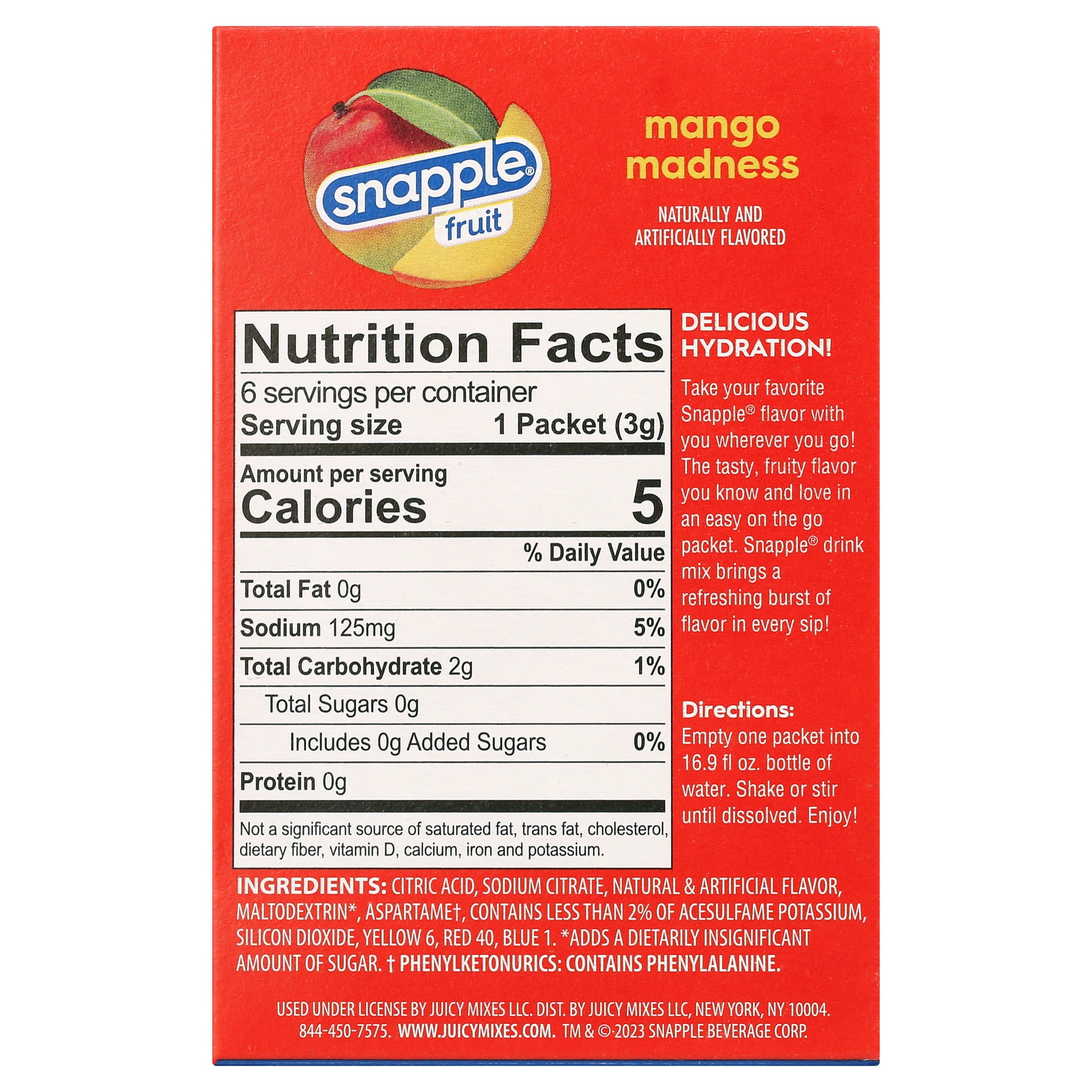 Snapple Fruit Sugar-Free Mango Madness, On-the-Go Packs, Powdered Drink Mix, 6 Count