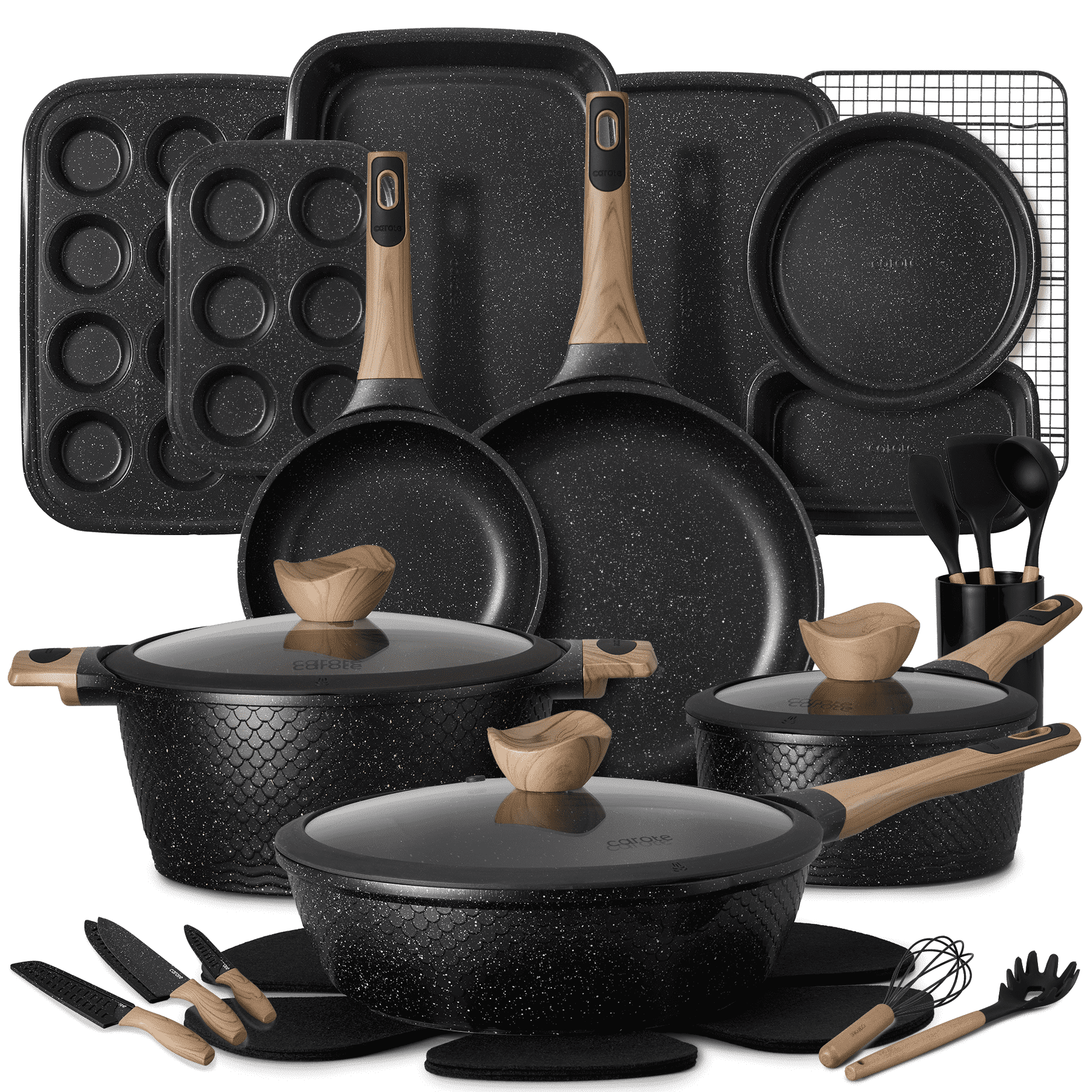 CAROTE 32-Piece Nonstick Pots and Pans, Granite Cookware Set with Bakeware & Knives, Black