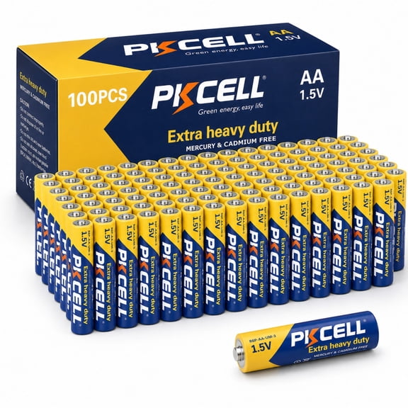 PKCELL Carbon Zinc AA Batteries (100 Pack), 1.5V Extra Heavy Duty Double A Batteries for Remote Control and Clocks