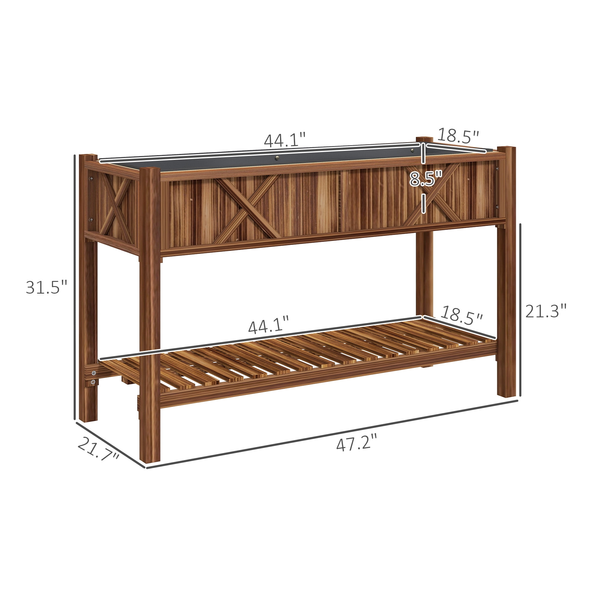 Dual-Tier Raised Garden Bed, Elevated Wood Planter Box with Storage Shelf, Drainage Holes and Liner