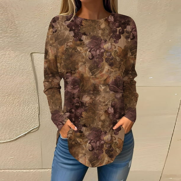 Womens Tops Summer 2024 Fashion Casual Long Sleeve Round Neck Pullover  Loose Blouse Ethnic Style Retro Printed Shirts Tops Gift for Women Up to  65% off 