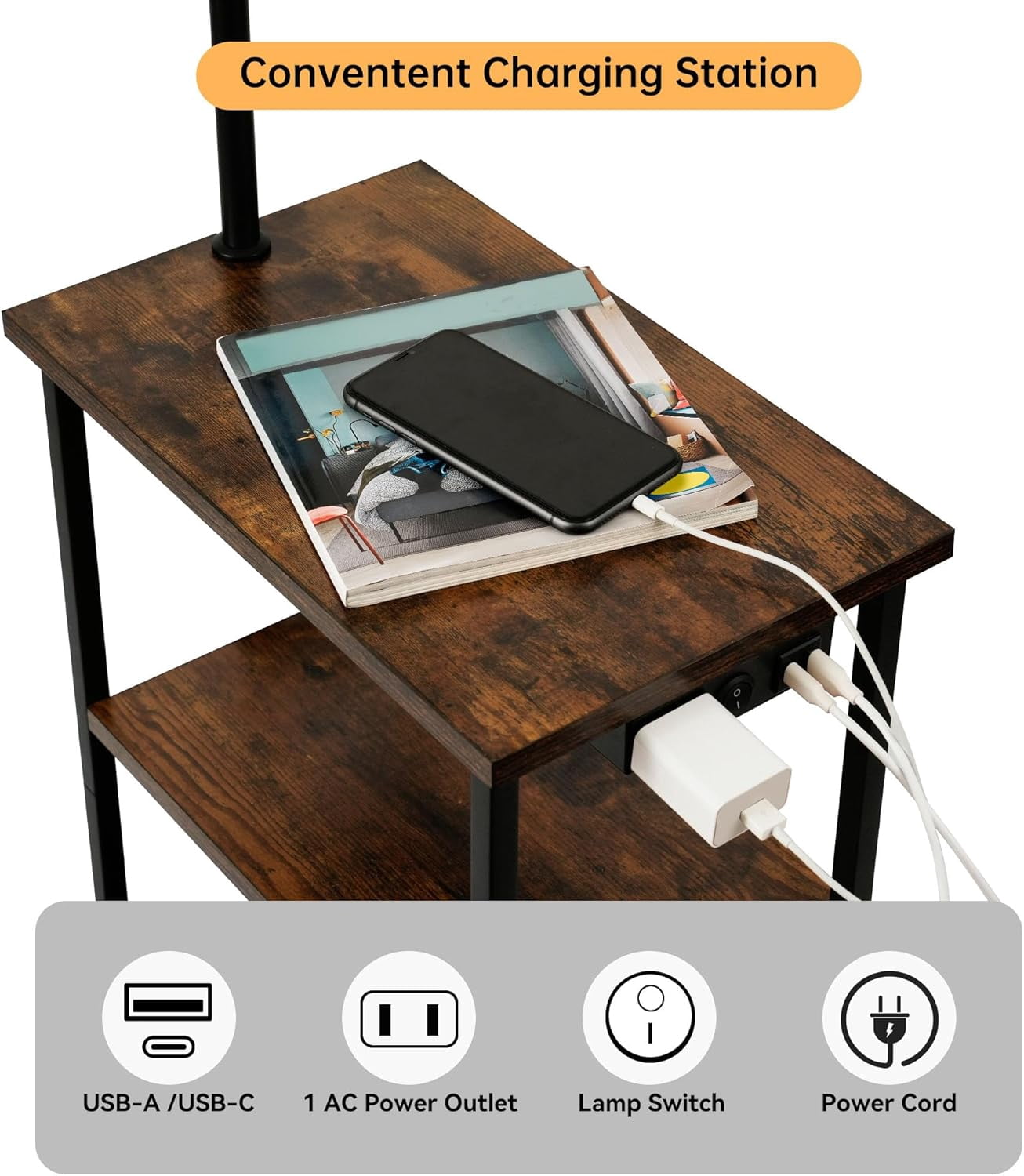 Floor Lamp with Table, Narrow Side Table with Fabric Basket, USB-A/USB-C Charging Station and AC Port, 3 Color Temperatures 12W LED Bulb, End Table for Bedroom, Living Room and Home Office, Brown