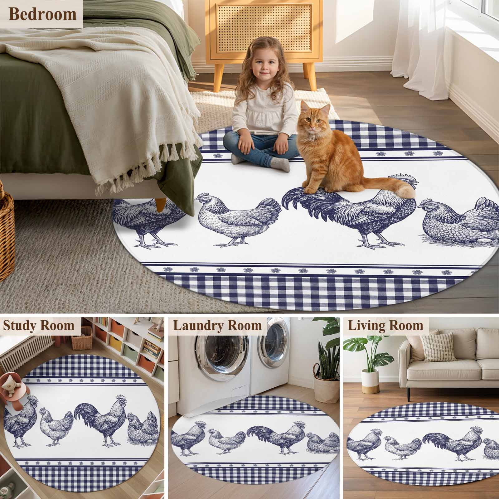 Navy Blue Rooster Round Area Rug 5Ft Washable Circle Rugs for Living Room Bedroom, Vintage Farmhouse Blue Plaid Non-Slip Carpet Floor Mats Indoor Outdoor Carpet Runner Aesthetic Home Decor