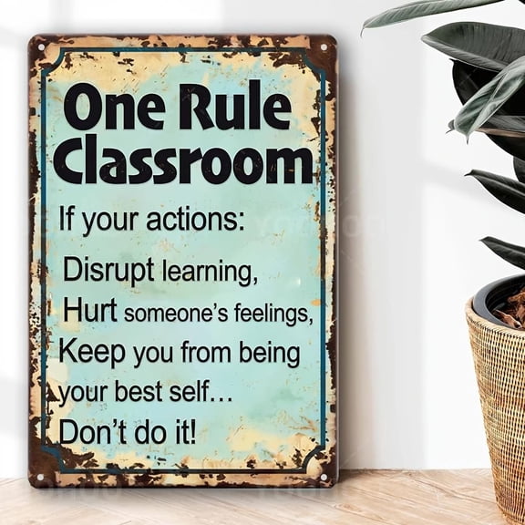 One Rule Classroom Sign Aluminum 8x12 Inch Vintage Inspirational Teal Distressed Edge School Teacher Metal Wall Decor
