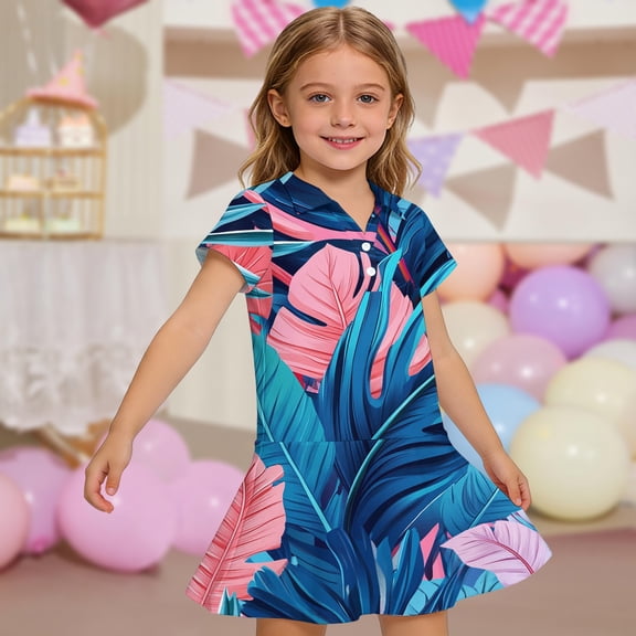 CCRFTGI Polo Dress for Kids Girls Size 10-12 Back To School School Uniform Cute Hawaiian Tropic Pleated Flare Skater Polo Dresses Summer Button Collared Pique Polo Dress Light Blue 3-4 Years