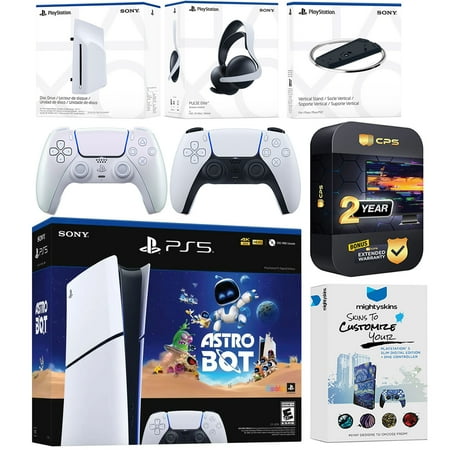 Sony PlayStation 5 Astro Bot Slim Digital Bundle with Disc Drive, Pulse Elite Headset, Extra Controller, Vertical Stand, MightySkins Voucher and 2 Year Extended Warranty - Chroma Pearl