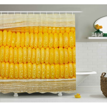 Health Shower Curtain, Corn Cob Stem with Raindrops Water Marks Mexican Vegetable Photo Artwork Image, Fabric Bathroom Set with Hooks, 69W X 84L Inches Extra Long, Yellow and Cream, by Ambesonne