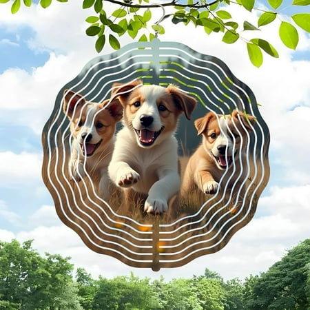 3D Metal Hanging Wind Spinners – Design with Concentric Rings – Joyful Puppies in Grassy Field – Perfect for Yard and Garden Decor 3D Metal Hanging Wind Spinners – Design with Concentric Rings – Joyful Puppies in Grassy Field – Perfect for Yard and Garden Decor