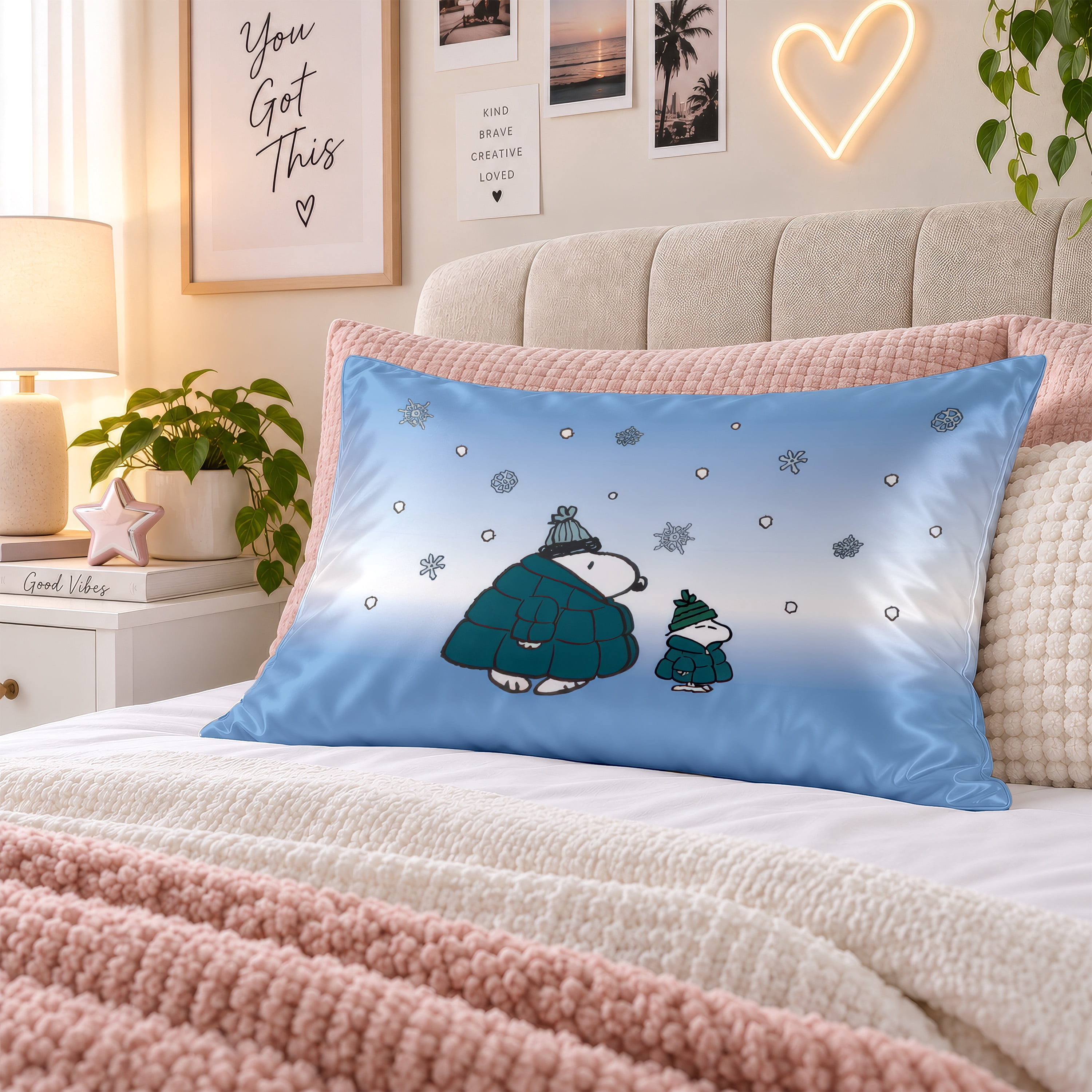 Peanuts Snoopy Puffy Coat Reversible Silky Satin Pillowcase, Standard Size, 1-Pack