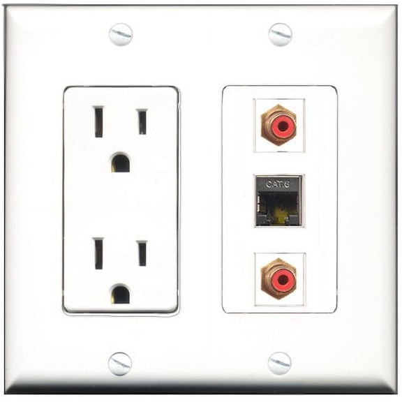 RiteAV - 15 Amp Power Outlet 2 Port RCA Red 1 Port Shielded Cat6 Ethernet Ethernet Decorative Wall Plate
