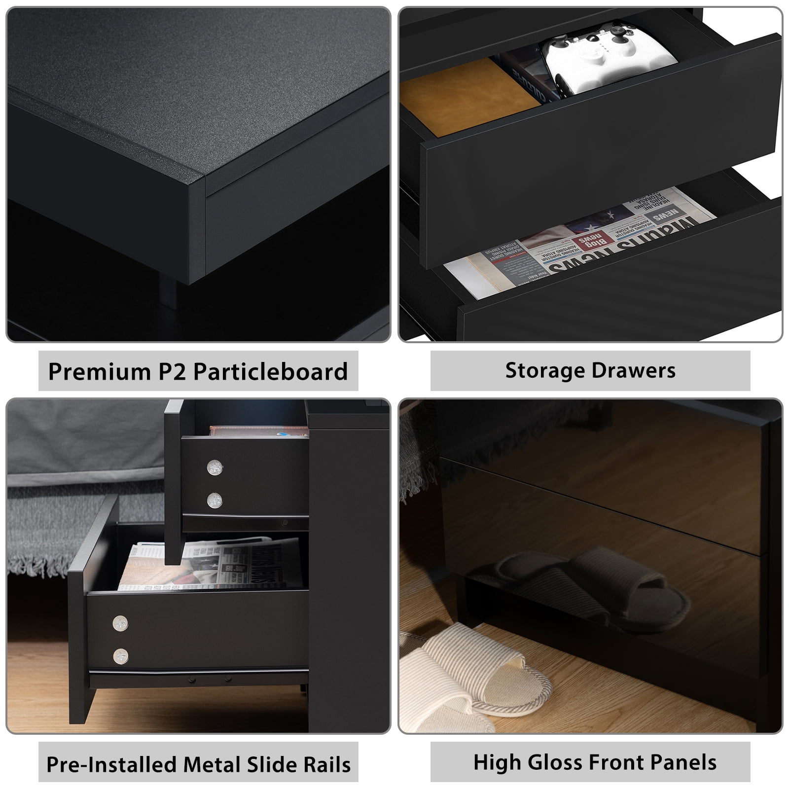 Hommpa 2 Drawer Modern Nightstand with RGB LED Light High Gloss Bedside Tables for Bedroom Black