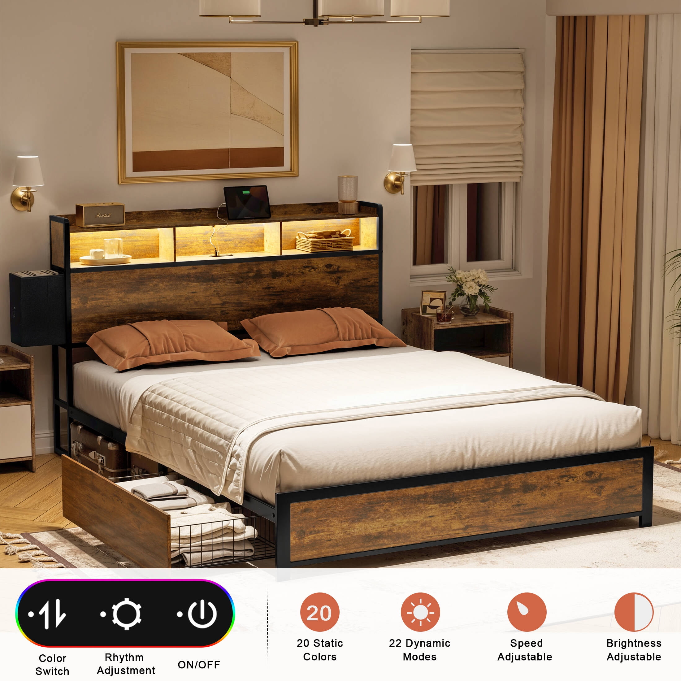GUNAITO Queen Bed Frame with Storage Headboard, 2 Drawers, Rustic