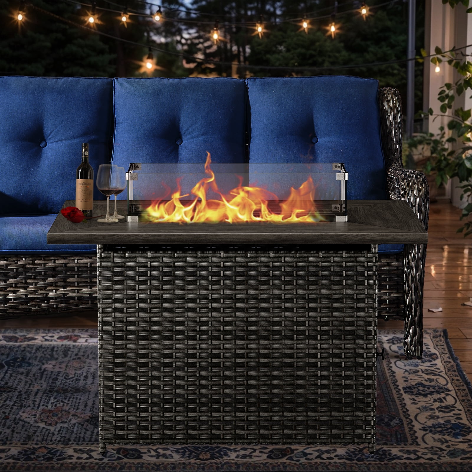 Gymojoy Gray 41 in. 50000 BTU Rectangular Wicker and Metal Propane Outdoor Dining Fire Pit Table with Glass Wind Guard Lid,Lava Rocks