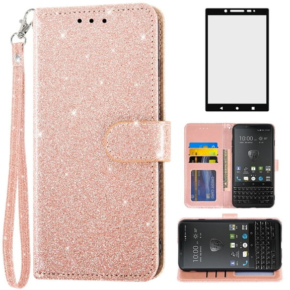 Asuwish Compatible with BlackBerry KEY2 Wallet Phone Case and Tempered Glass Screen Protector Flip Credit Card Holder Stand Bling Glitter Cell Cover for KEY 2 Two KEYtwo Women Pink