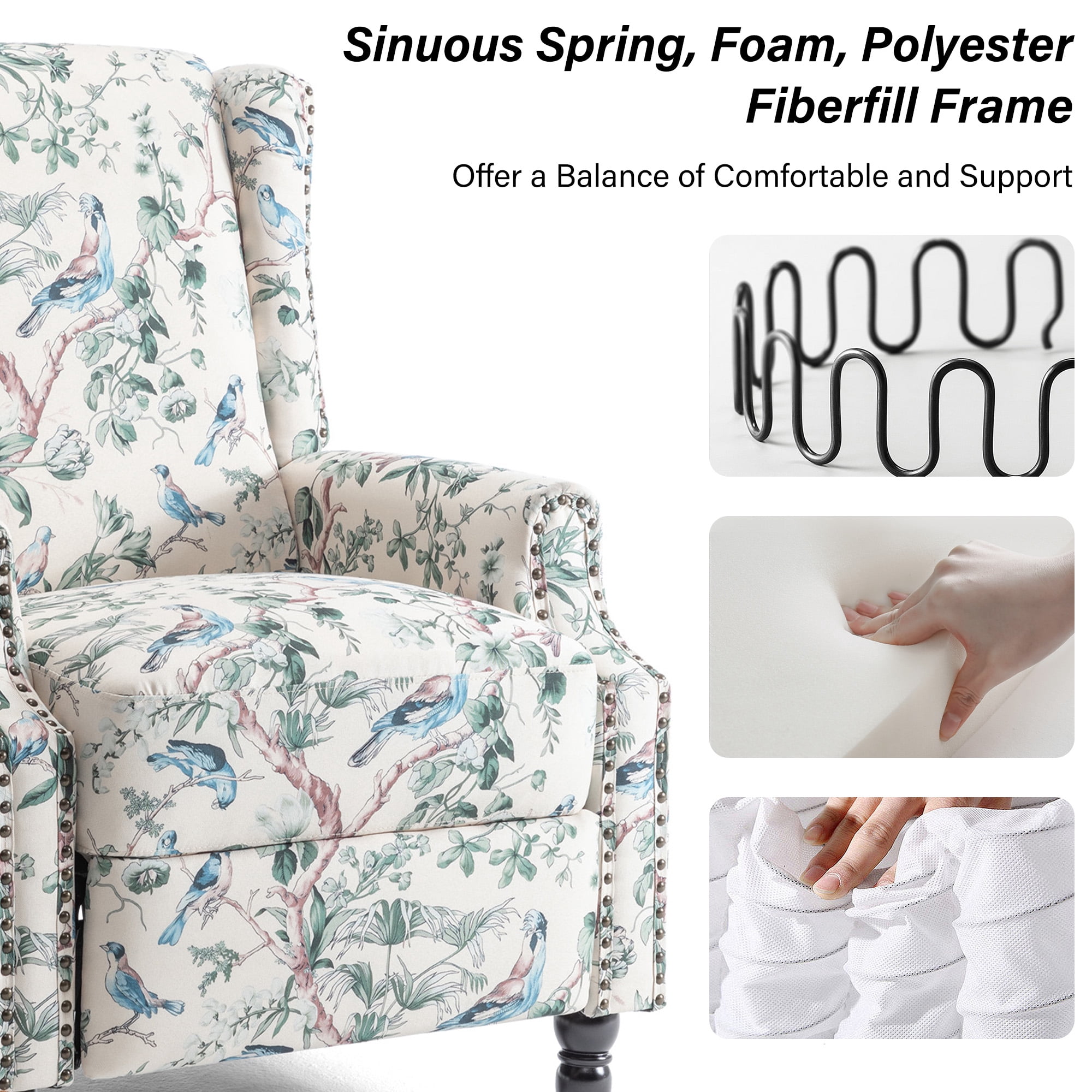 DREAMSIDEA Push Back Recliner Chair Living Room, Wingback Reclining Sofa Chair, Fabric Floral Recliner Reading Chair with Footrest for Living Room/Office/Apartment, Bird