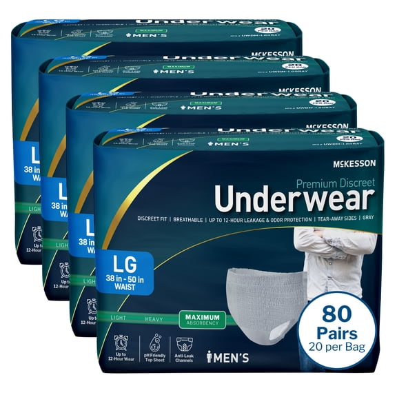 McKesson Premium Discreet Maximum Disposable Underwear Male Pull On with Tear Away Seams Large, UWDM-LGGRAY, 80 Ct