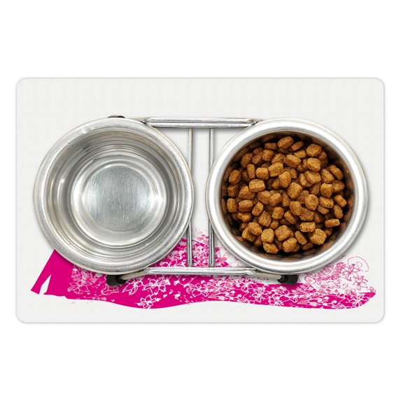 Wedding Pet Mat for Food and Water, Celebration Dancing Couple Vibrant Color Silhoette Ceremony Floral Wedding Dress, Non-Slip Rubber Mat for Dogs and Cats, 18" X 12", by Ambesonne