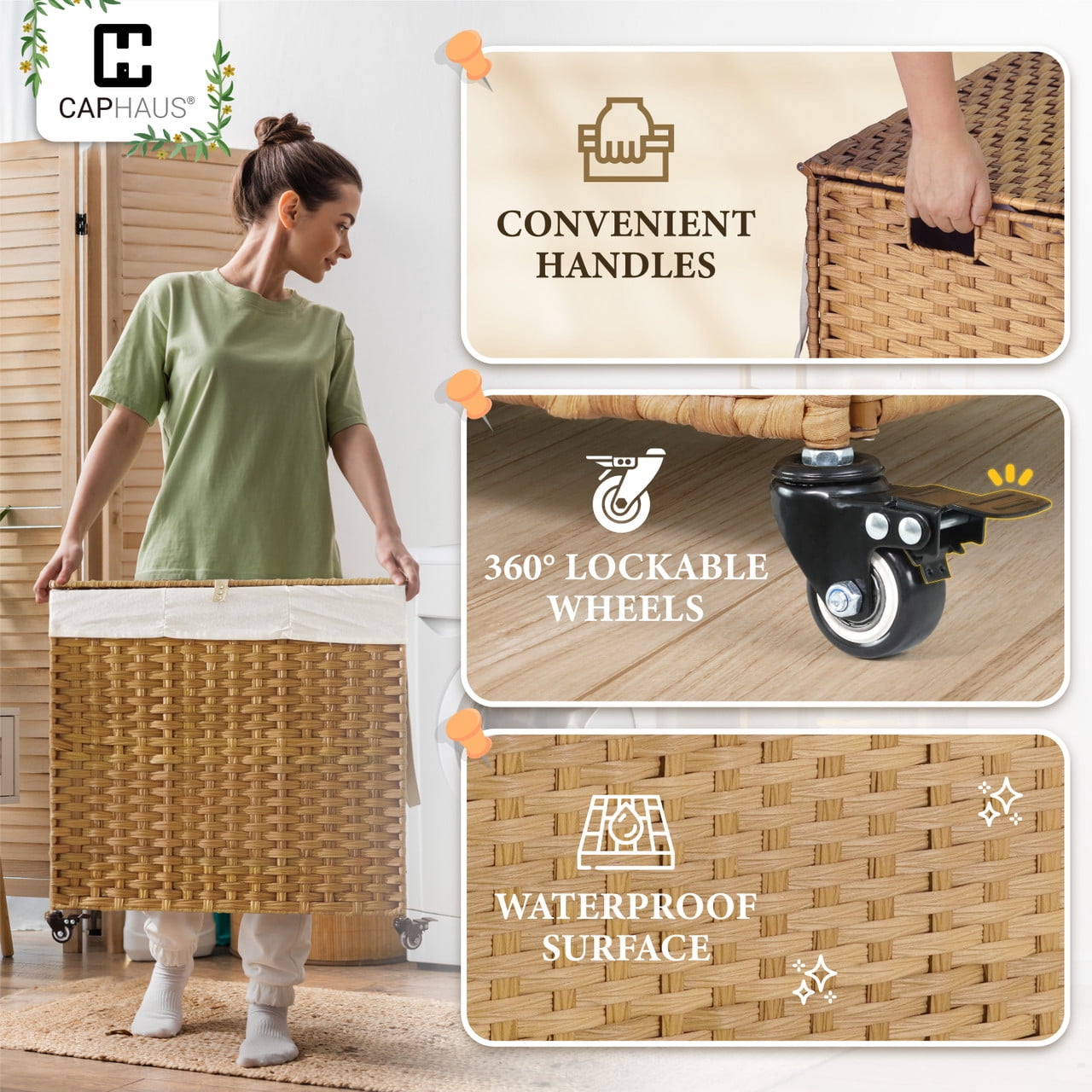CAPHAUS Handwoven Basket w/ Lid for Storage, Synthetic Rattan Laundry Hamper w/ Wheels, Clothes Hamper for Laundry, Laundry Basket w/ Lid, Removable Liner Bags, Mesh Bags, Pulling Strap, 140L, Brown