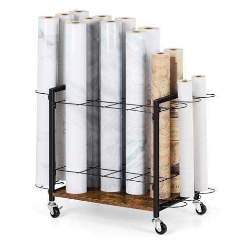 Brown Blueprint Storage Rack Cart, 18 Slots Blueprint Holder with Wheels, Vinyl Roll Holder for Map Poster Architectural Construction Plan, Roll File Organizer for Home, Office, School