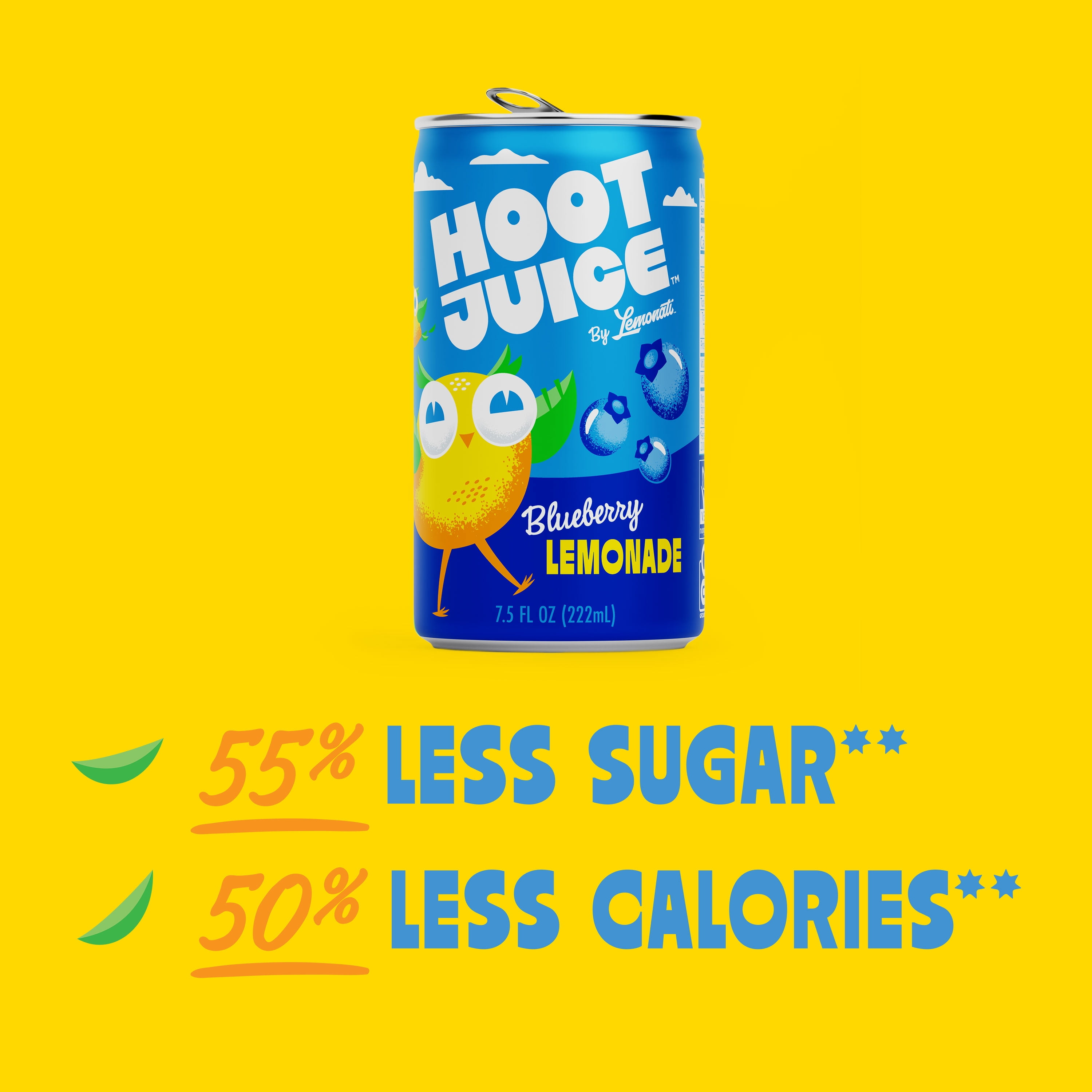 Hoot Juice Blueberry Lemonade, Low Calorie, Low Sugar, Crisp, 24 pack, 7.5 fl oz cans
