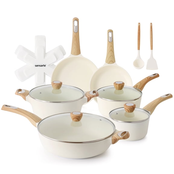 SENSARTE Nonstick Ceramic Cookware Set, 19Pcs Non Stick Pots and Pans Set, Healthy Kitchen Cooking Set with Pots Protectors, Induction Compatible White