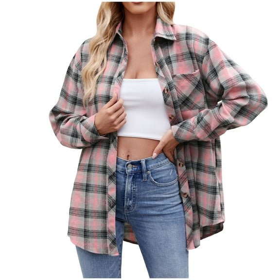 felwors Women's Plaid Flannel Button-Down Shirt - Oversized Long Sleeve Casual Shirt Jacket for Fall & Winter Pink, XXL
