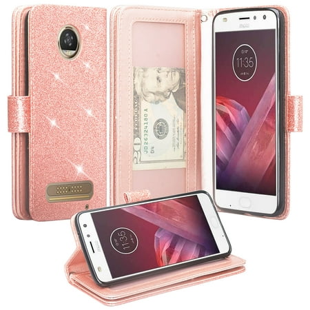 Motorola Moto Z2 Play Case, Moto Z2 Play wallet Case, [Wrist Strap] Glitter Faux Leather Flip [Kickstand Feature] Protective Wallet Case Clutch - Rose