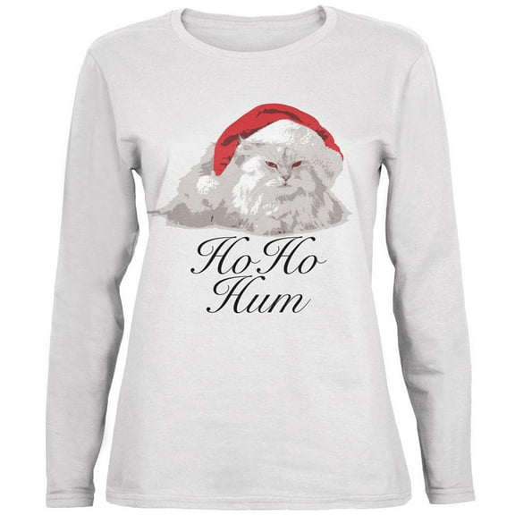Christmas Ho Ho Hum Cat White Womens Long Sleeve T-Shirt - Large