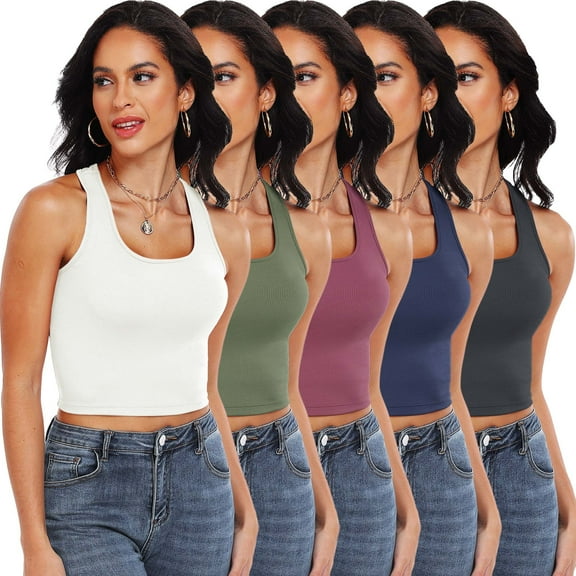 Cadmus 5 Pack Crop Tank Top for Women Ribbed Dry Fit Gym Shirts Racerback Yoga Tank Top Undershirts, Beige - Brown / Light Blue / Bright Red / Coffee Color / Black,#02,X-Large