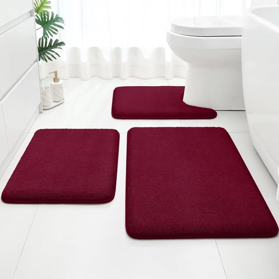 Bathroom Rugs Sets 3 Piece, Burgundy Red 17"x24" 20"x32" 20"x24" | Memory Foam, Ultra Soft, Super Absorbent Bath Mats, Non Slip Backing, U Shaped Toilet Rug for Bathroom, Tub and Shower