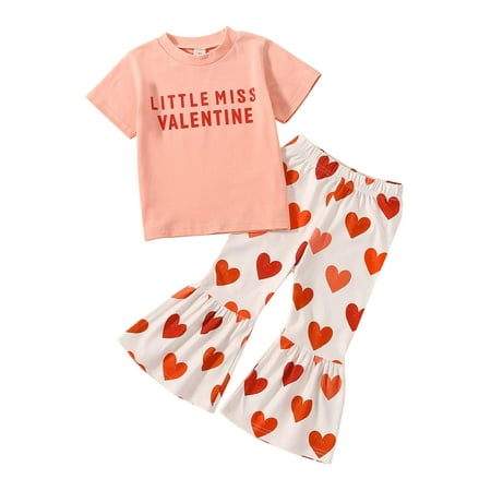 

GWAABD Little Girls Clothes Pink Cotton Toddler Kids Baby Girls Outfits Letter Print Round Neck Short Sleeve Tshirts Tops Heart Flare Pants 2Pcs Set 110