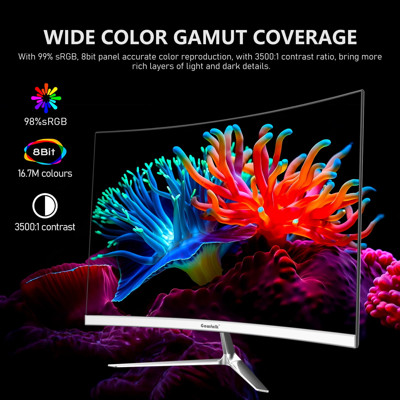 Gawfolk 24.5"  Gaming Monitor Curved 1080P 120Hz with Built-in Speakers,Upports 75×75mm Wall Mount, Black