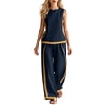 thumbnail image 3 of POIUYTR Womens Summer Cotton 2 Piece Sets Casual Crewneck Tank Tops Loose Wide Leg Pants Color Block Outfits, 3 of 6