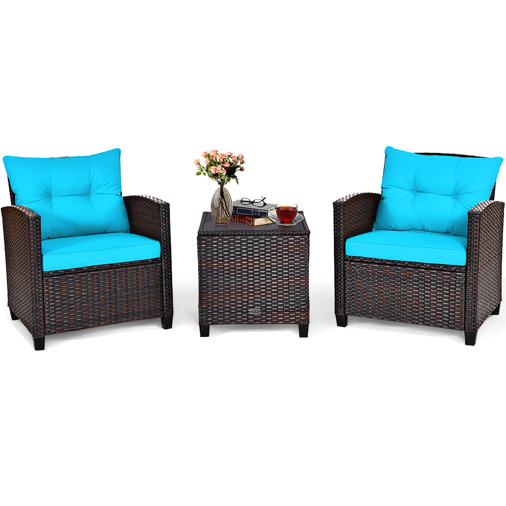 Costway 3-Piece Patio Rattan Conversation Set, Turquoise photo 4