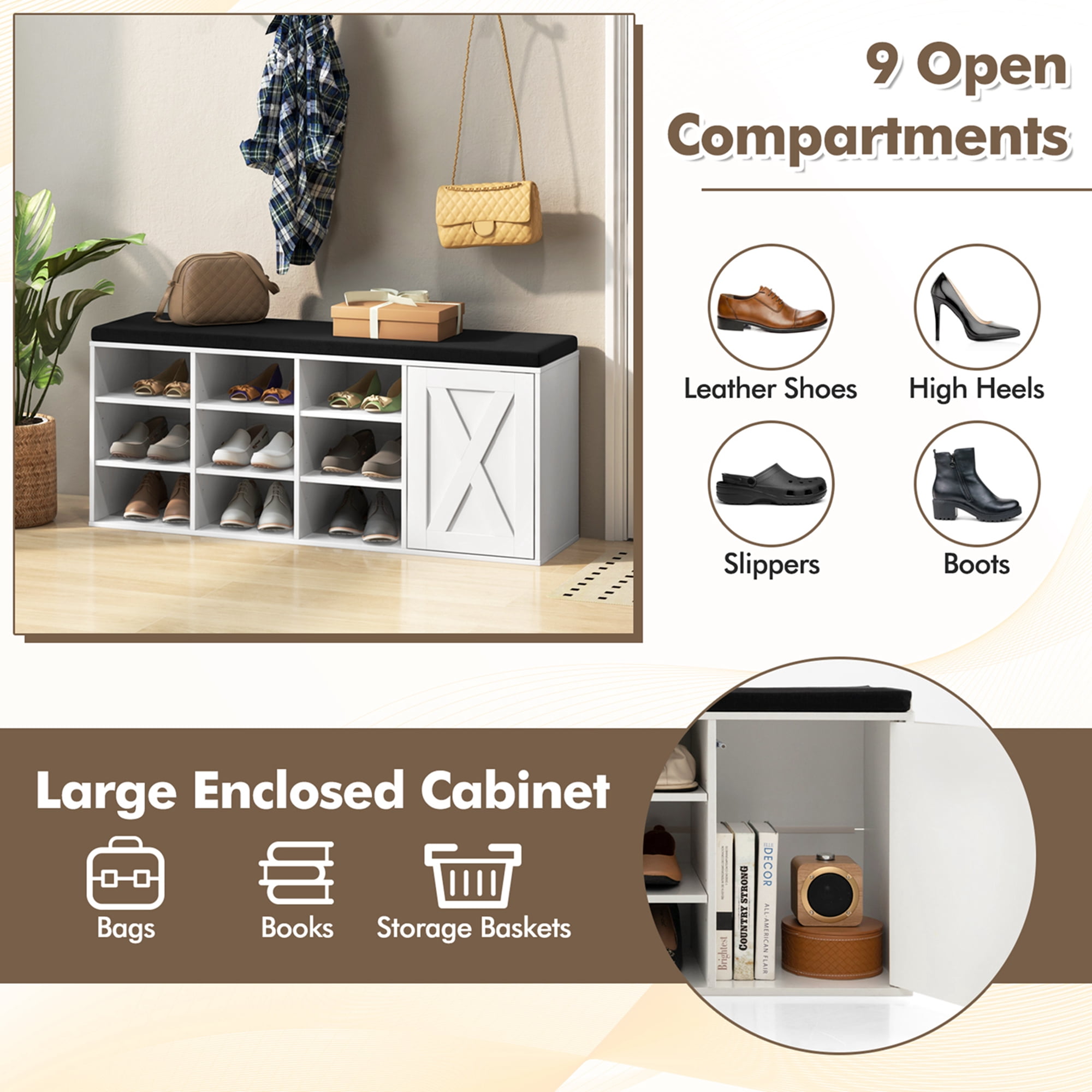 Costway 9-Compartment Adjustable Storage Shoe Rack with Padded Cushion, White