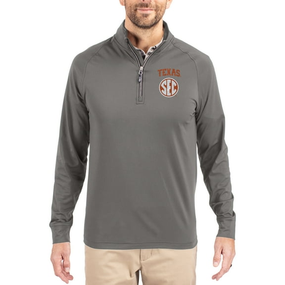 Men's Cutter & Buck Gray Texas Longhorns SEC Logo Adapt Eco Knit Stretch Raglan Quarter-Zip Pullover