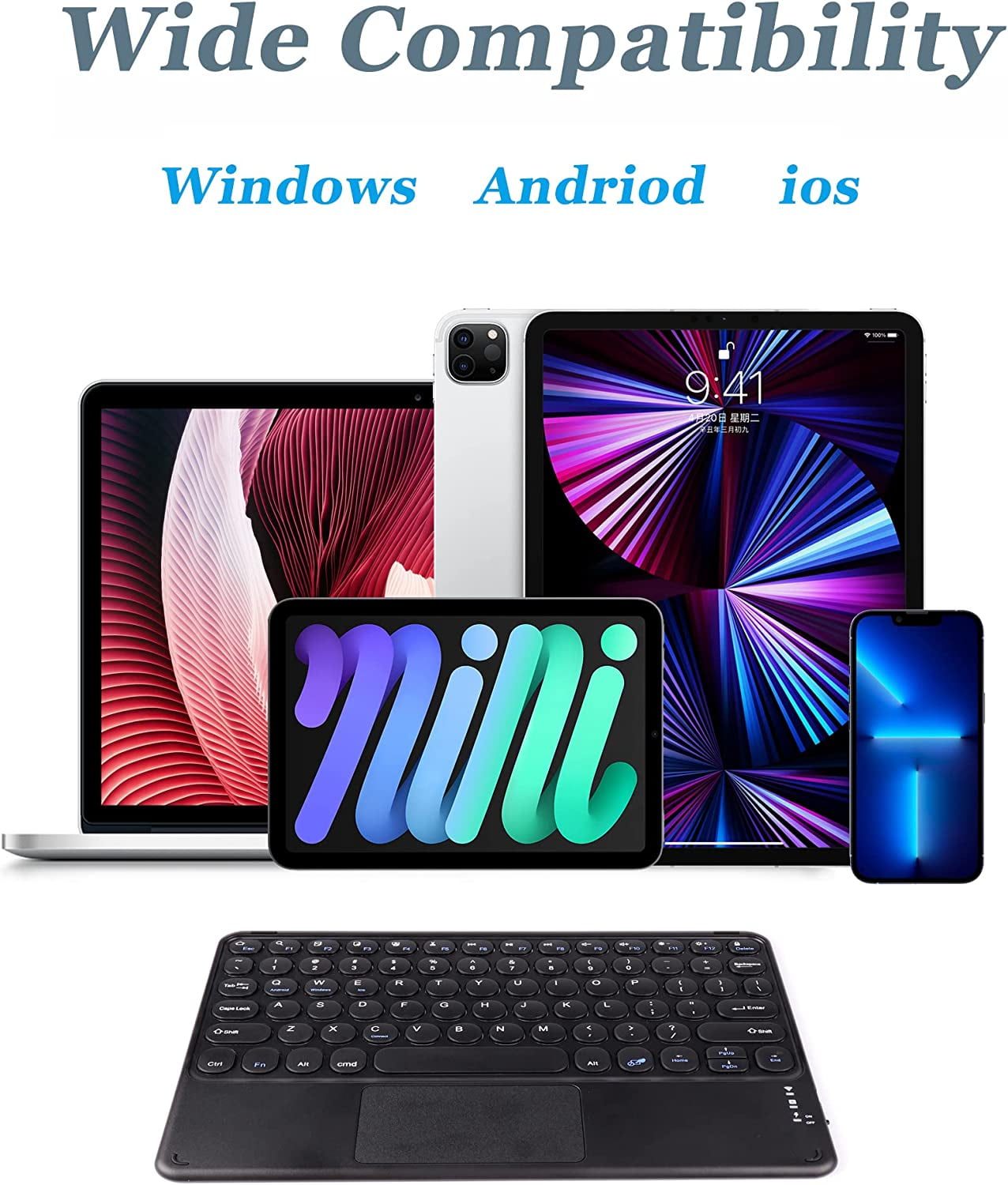 Wireless Bluetooth Keyboard with Touchpad for ipad, Portable Mini Small Universal Rechargeable 10 inch Ultra-Slim Wireless Keyboard for Tablet Smartphone PC Computer Laptop Windows Android iOS