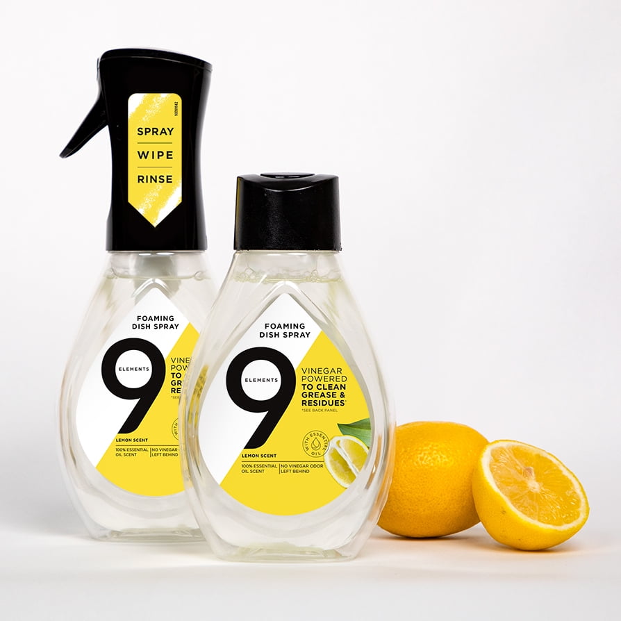 9 Elements Foaming Dish Spray, Dish Soap, Lemon Scent, 16 fl oz Bottle