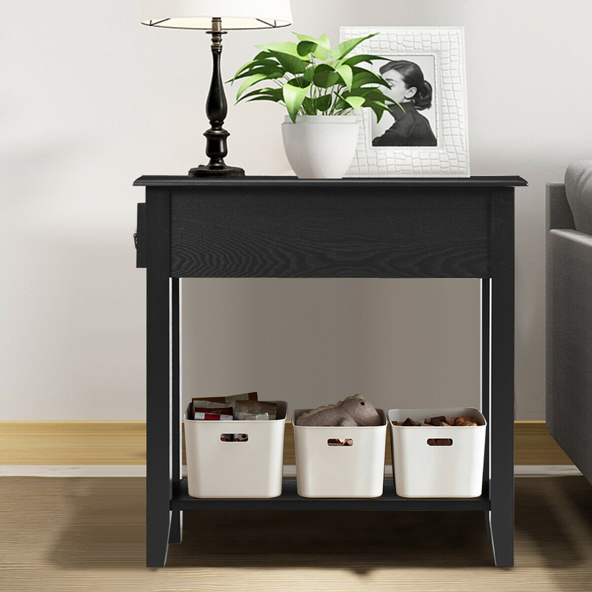 Gymax Set of 2 Nightstand 2-Tier Side Table End Bedside Sofa with Drawer & Shelf, Black