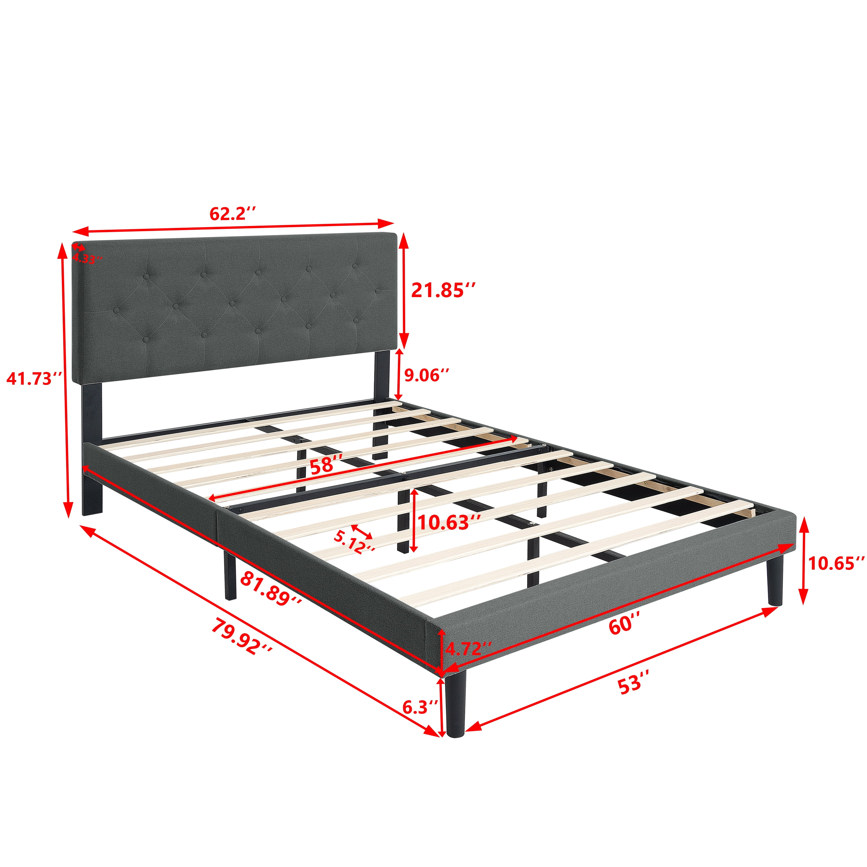 FFZ Upholstered Queen Platform Bed Frame with Button Tufted Linen Headboard, Dark Grey