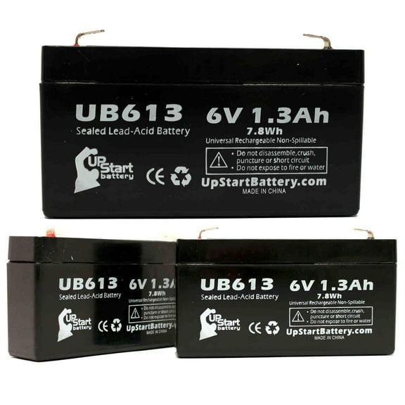 3x Pack - Compatible TORK 61 Battery - Replacement UB613 Universal Sealed Lead Acid Battery (6V, 1.3Ah, 1300mAh, F1 Terminal, AGM, SLA) - Includes 6 F1 to F2 Terminal Adapters