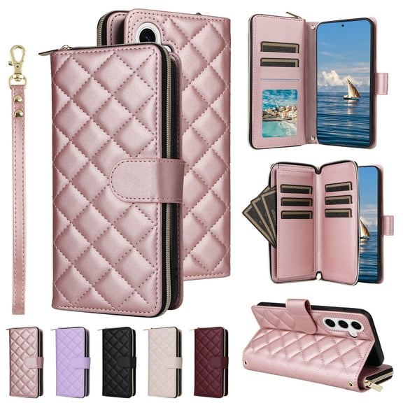 Compatible for Samsung Galaxy S25 Wallet Case, Crossbody Strap PU Leather Folio Phone Cover, Zipper Handbag Purse with Card Holder Lanyard Flip Stand for Samsung Galaxy S25, Rosegold
