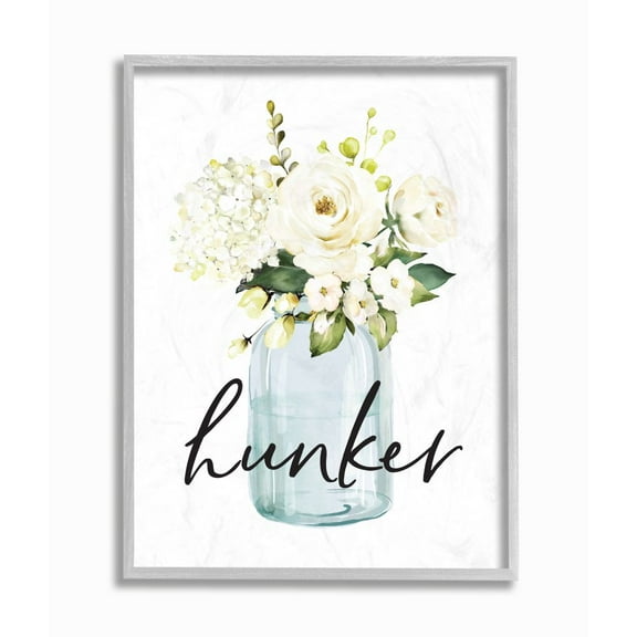 Stupell Industries Hunker Text Spring Floral Bouquet Blue White Framed Wall Art Design by Lettered and Lined, 11" x 14", Gray Framed