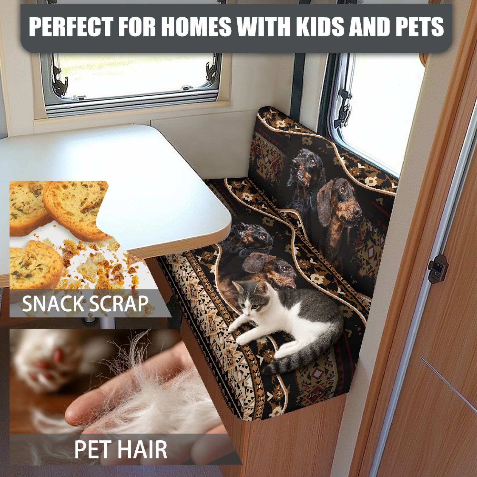 Kuiaobaty RV Dinette Cushions Covers Camper Cushion Slipcovers with 1 Backrest Cover & 1 Bench Cove for RV Sofa Slipcovers Accessories, American Tribal Dachshund Dog Pattern