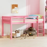 JOYMOR Low Loft Bed Twin Size with Stairs, Pind Wood Loft Bed for Girl, Space-Saving Design, Pink