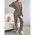 thumbnail image 4 of Womens Ribbed Knit 2 Piece Sets Long Sleeve Sweater and Wide Leg Pants Loungewear Pajamas Set Deep Khaki XL, 4 of 6