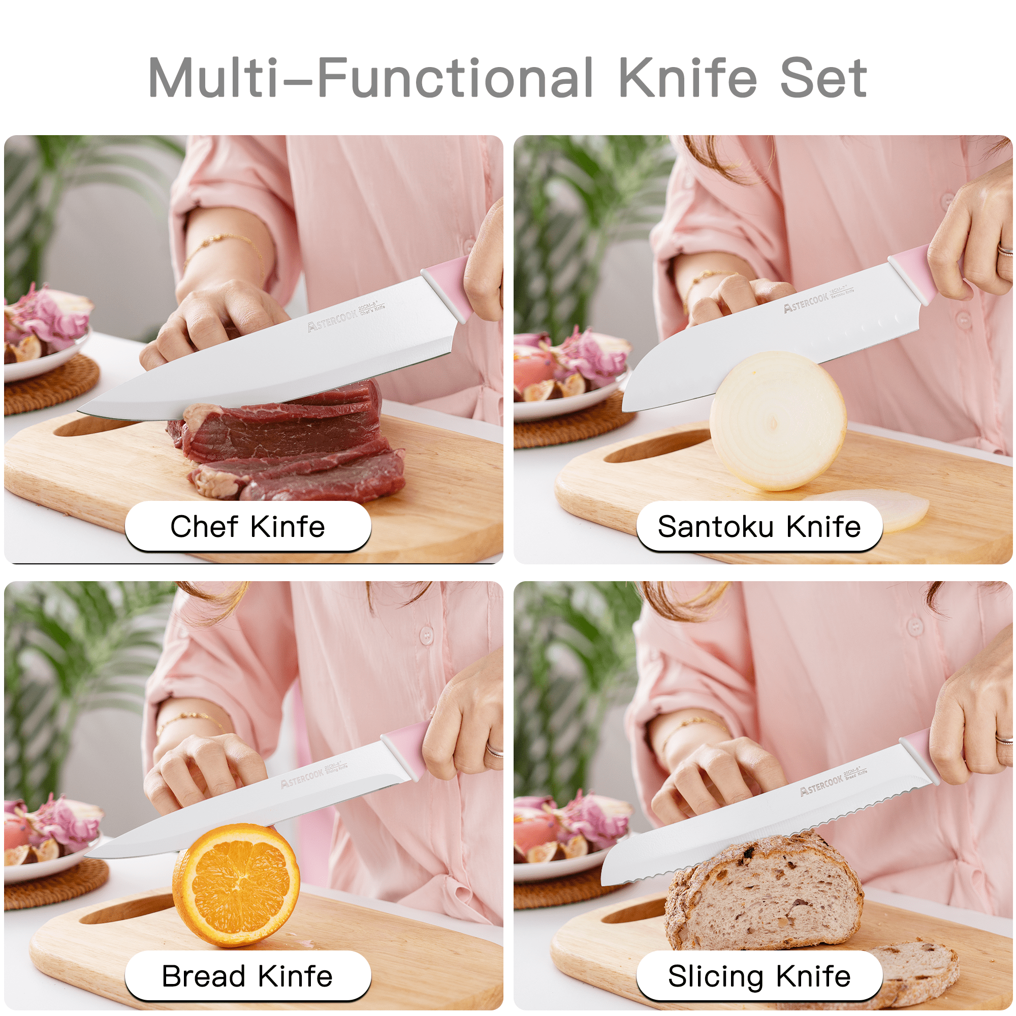 Astercook Knife Set, 14 Pieces Kitchen Knives Set with Healthy Anti-Rust Coating, Stainless Steel Knife Sets with Built-in Sharpener, Sharp & Rust Resistant Dishwasher Safe Pink