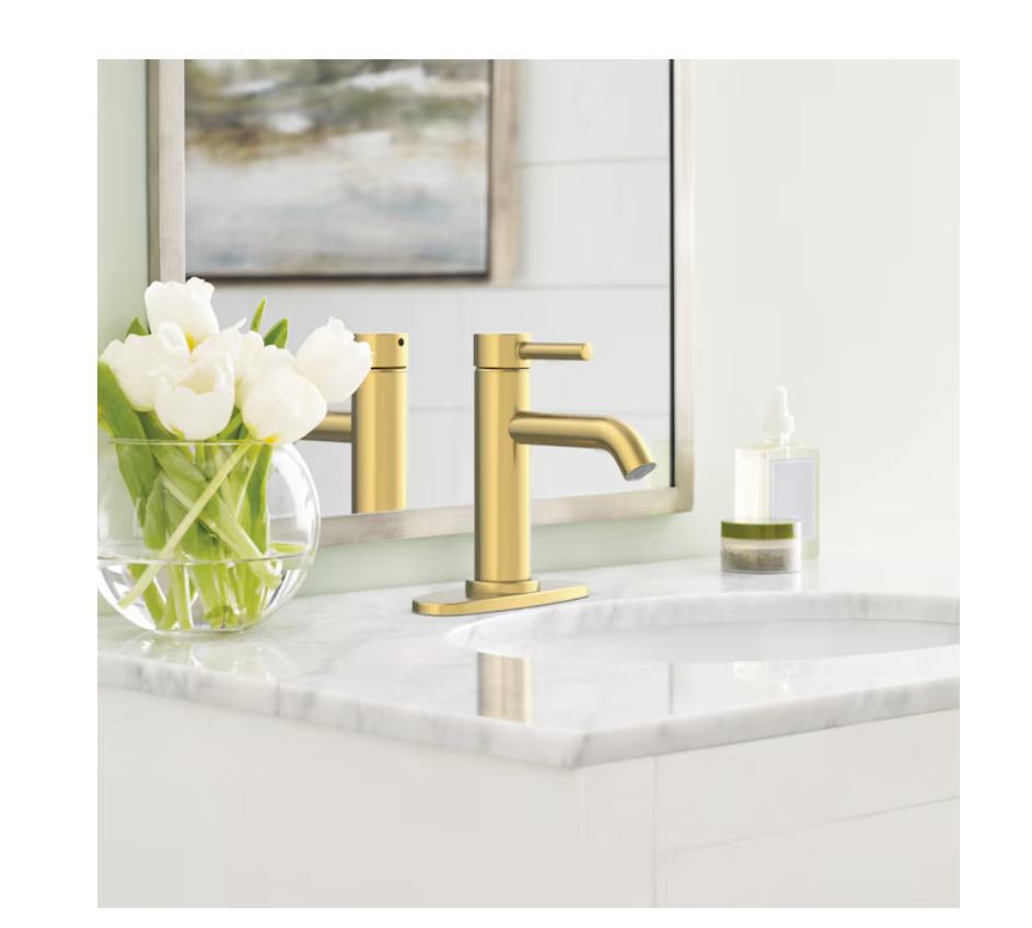 allen + roth Harlow Brushed Gold Single hole 1-handle WaterSense Mid-arc Residential Handle Bathroom Sink Faucet with Drain with Deck Plate