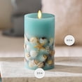 thumbnail image 3 of Luminara Flameless LED Candle Soft Teal Embedded Seashell & Starfish Moving Flame Pillar Unscented Real Wax with Recessed Edge, T, 3 of 8
