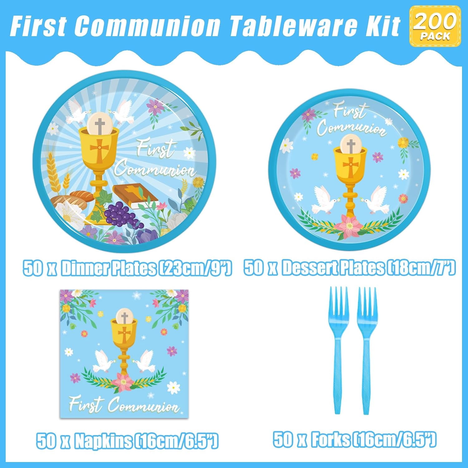 200Pcs Blue Baptism Plates and Napkins, First Holy Communion Party Decorations Supplies for Boys God Bless Christening Celebration Party Baby Shower Disposable Tableware Set, Serves 50